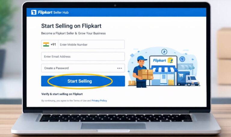 Flipkart Seller Hub registration page showing start selling option